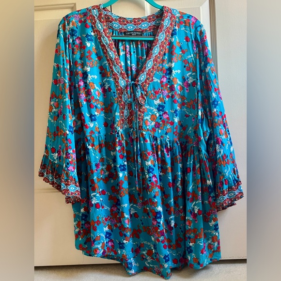 🍒CYNTHIA ROWLEY sz 2X BOHO TOP Plus Size AQUA BLUE/ORANGE/RED Floral Paisley - Picture 1 of 6